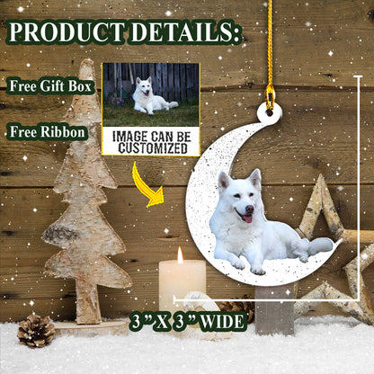 Teesdily | White Husky Pet Personalized Picture Ornament Dog Cresent Moon Car Hanging Ornament Dog Lover Gifts Holiday Custom Pet Ornament