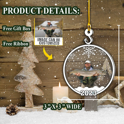 Teesdily | Fisherman Customized Car Pendant Hanging With Photo Snowflake Christmas Decorations For Home Memory Keepsake Christmas Gifts Xmas Decor