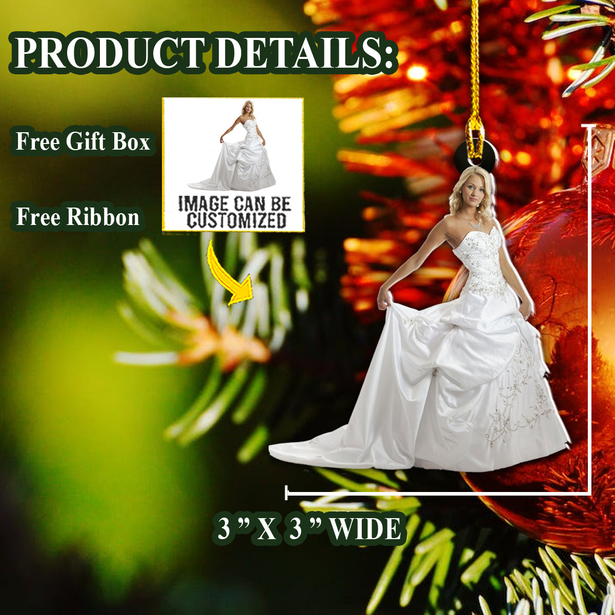 Teesdily | Customized Photo Bride Christmas Ornament Married Ornament Happy Wedding Gift For Fiancee Personalized Wedding Gift Custom Photo Ornament