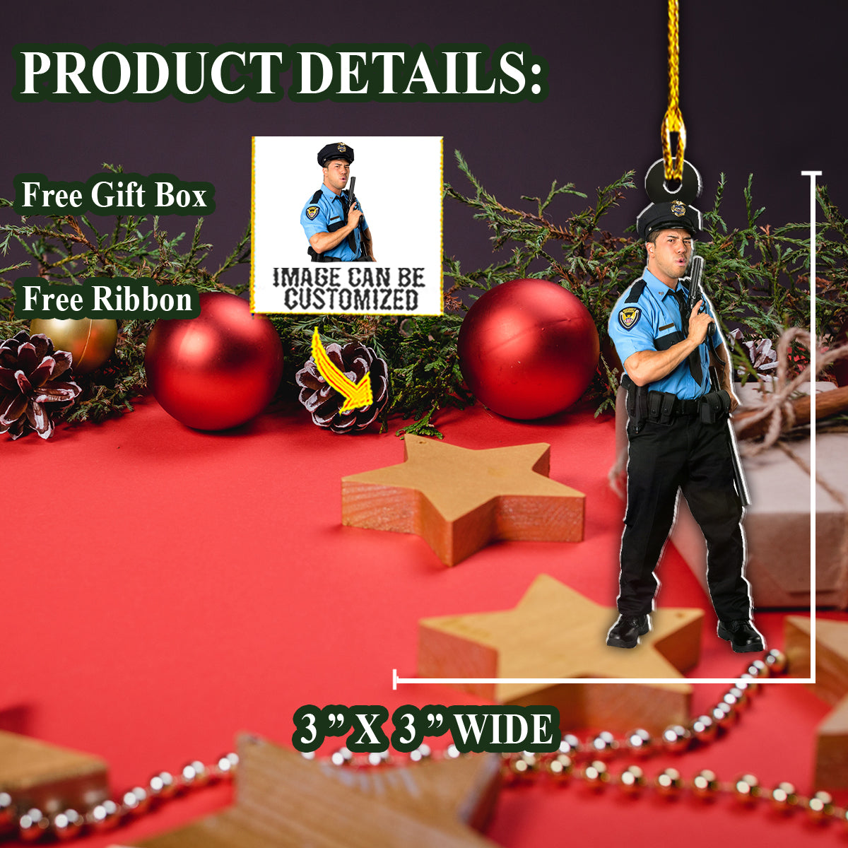 Teesdily | Customized Cool Police Officer Car Pendant Hanging Us Police Custom Photo Christmas Ornament Police Dad Christmas Gifts