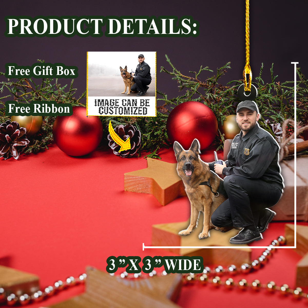 Teesdily | Customized Police Officer And German Shepherd Dog Car Hanging Ornament Custom Ornament From Photo Police Christmas Gifts