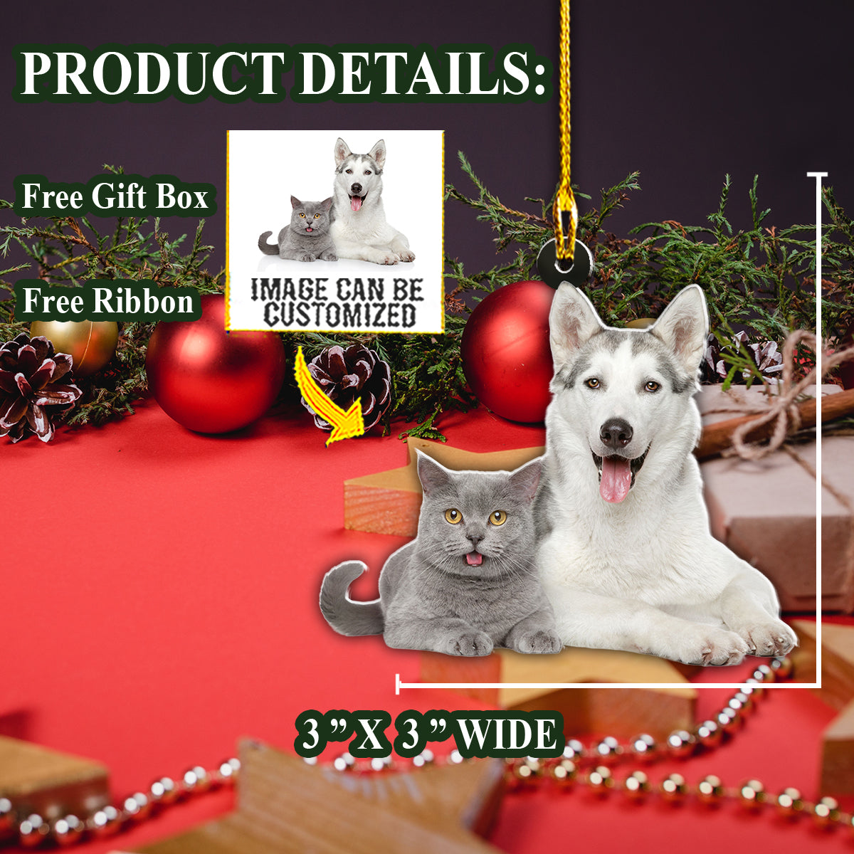 Teesdily | Customized Funny Shorthair Cat And Husky Pets Hanging Ornament Dogs Cat Pet Lover Gift Christmas Home Decor Custom Picture Car Ornament