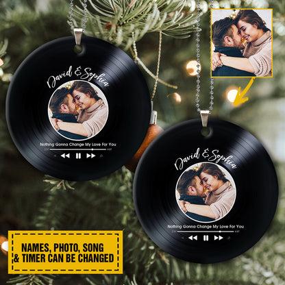 Teesdily | Couple Personalized Vinyl Rear View Mirror Accessories, Custom Photo Ornament Plastic Hanging, Customized Song Ornament, Couple Gifts