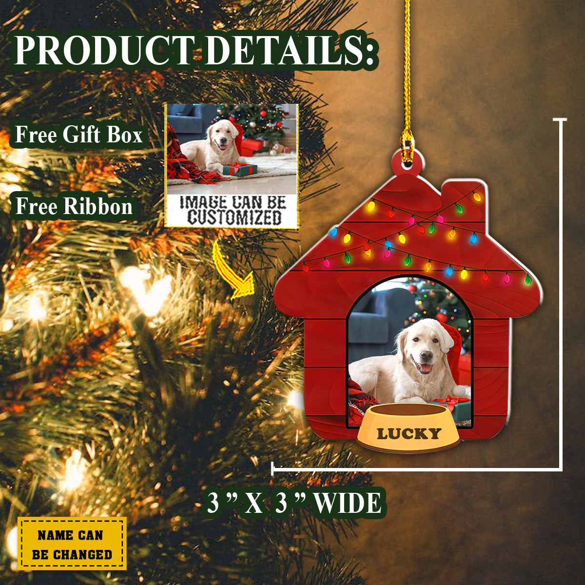 Teesdily | Pet Personalized Photo Car Pendant Hanging Christmas Light Strings Rearview Mirror Charms Funny Pet Christmas Tree Ornament Dog Lover Gifts