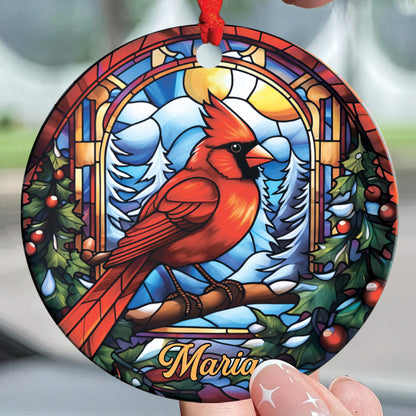 Teesdily | Personalized Cardinal Bird Stained Glass Art Design Circle Ceramic Ornament, Jesus Lovers Gifts, Christian Christmas Gifts, Xmas Decor