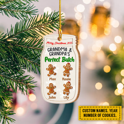 Teesdily | Grandma And Grandpa Perfect Batch Customized Grandkids Name Ornament Christmas Gingerbread Jar Car Hanging Ornament Grandparents Xmas Gifts