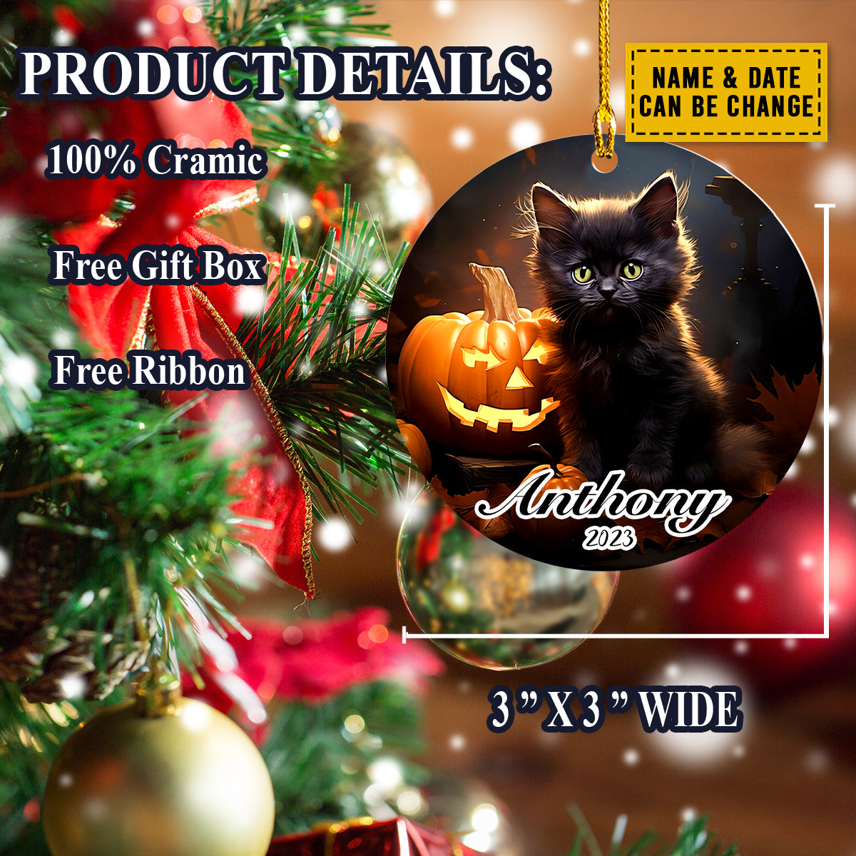 Teesdily | Customized Name Black Cat Halloween Ornament Cat Pumpkin Ornament Halloween Gift Idea For Cat Owners Cat Lovers