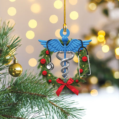 Teesdily | Nurse Caduceus Car Pendant Hanging Christmas Ornament Medical Symbol Rear View Mirror Hanging Nurse Christmas Wreath Nurse Gift Ideas