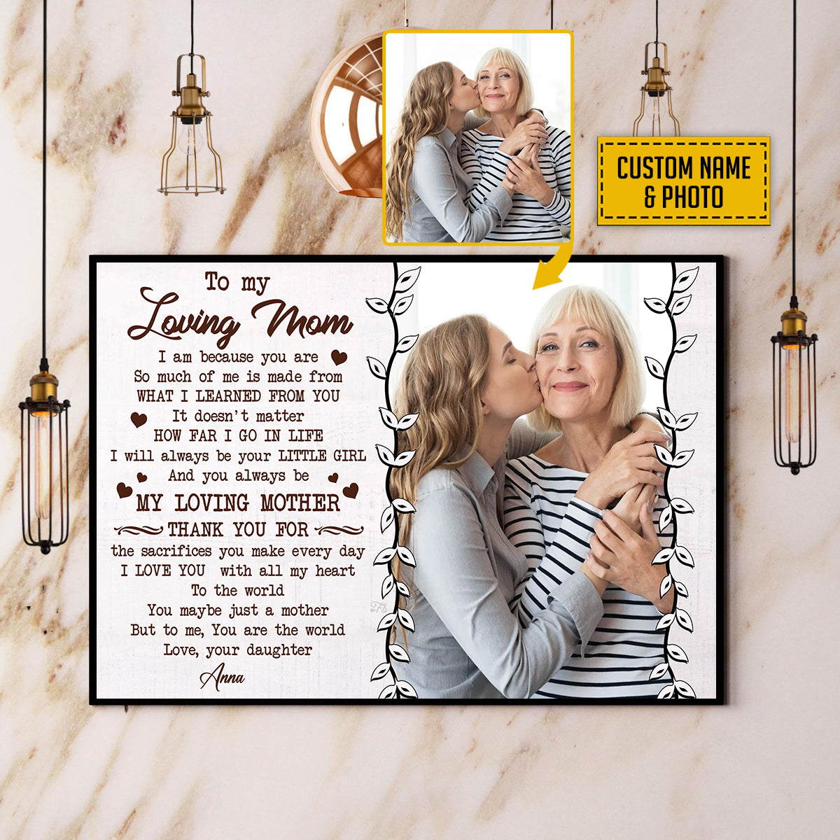 Teesdily | Mom Daughter Custom Poster Canvas With Photo To My Loving Mom Wall Art To Me You Are The World Personalized Gift For Mothers Day Birthday