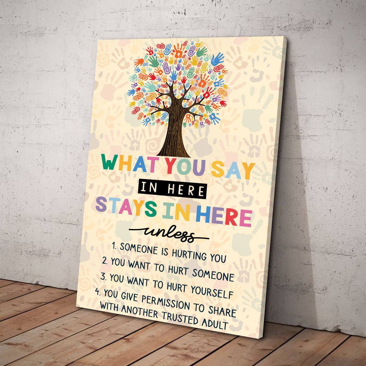 Teesdily | Autism Colorful Tree Hand Poster Canvas What You Say In Here Stays In Here Canvas Art Autism Awareness Wall Art Neurodiversity Sign