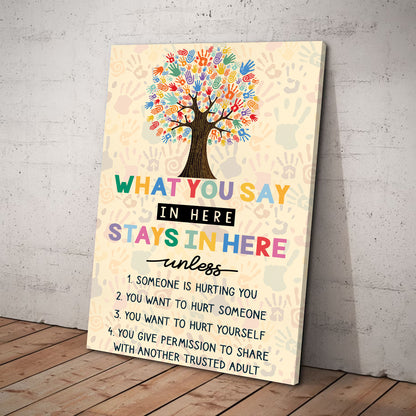 Teesdily | Autism Colorful Tree Hand Poster Canvas What You Say In Here Stays In Here Canvas Art Autism Awareness Wall Art Neurodiversity Sign