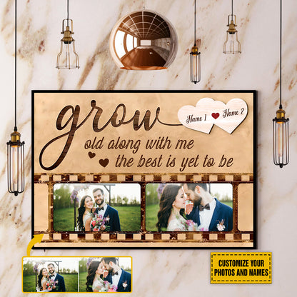 Teesdily | Couple Customized Photo And Name Poster Canvas Grow Old Along With Me Vintage Wall Decor Wedding Anniversary Gift For Wife Husband