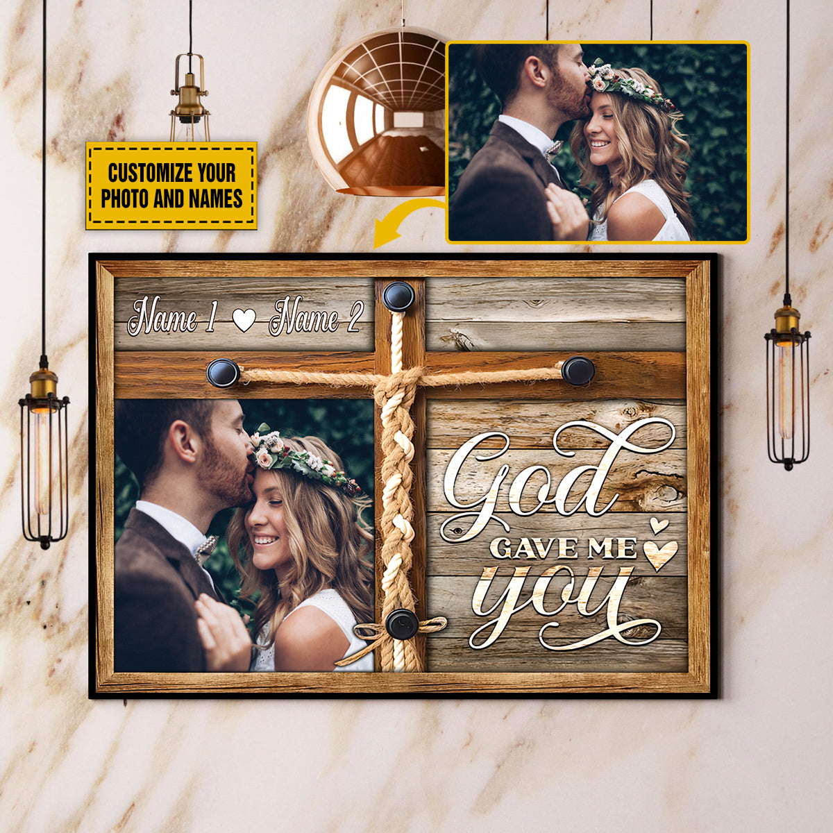 Teesdily | Christian Couple Personalized Photo Poster Canvas God Gave Me You Wall Art Canvas Wood Print Valentine Wedding Anniversary Romantic Gifts