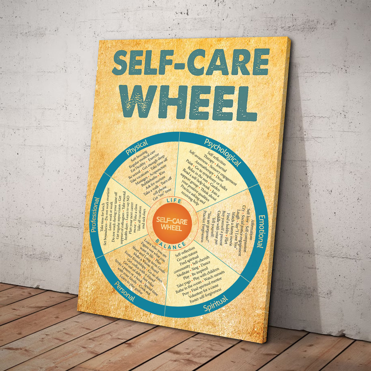 Teesdily | Self-Care Wheel Canvas Wall Art Physical Stress Management Self Care Wheel Therapy Office Decor Mindfulness Psychologist Social Worker Gift