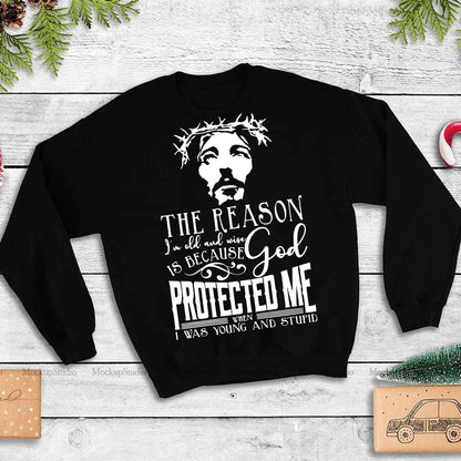 Teesdily | Jesus Portrait Print Shirt Jesus God Protected Me When I Was Young And Stupid Sweatshirt Hoodie Mug Christian Gift Ideas