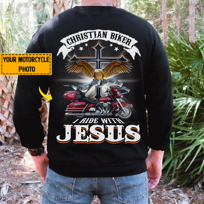 Teesdily | Personalized Motorcycle Photo Shirt, Christian Biker Shirt, I Ride With Jesus Hoodie Sweatshirt Mug, Motorcycle Gifts