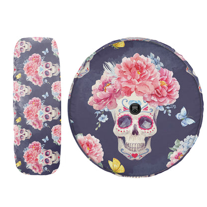 Teesdily | Sugar Skull Spare Tire Cover Flower Tire Cover Vintage Art Wheel Covers Car Accessories Day Of The Dead Car Decoration