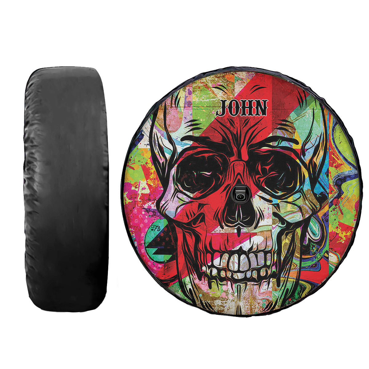 Teesdily | Sugar Skull Customized Spare Tire Cover Colorful Skull Graffiti Print Spare Wheel Cover Horror Style Halloween Day Car Accessories