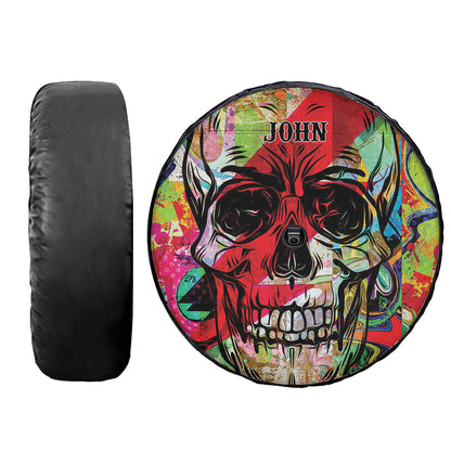 Teesdily | Sugar Skull Customized Spare Tire Cover Colorful Skull Graffiti Print Spare Wheel Cover Horror Style Halloween Day Car Accessories