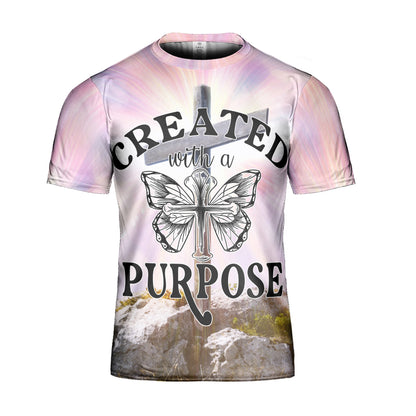 Teesdily | Jesus Cross Butterfly 3D Tshirt Christian Holy Cross All Over Print Created With A Purpose Shirt Christian Girl Women Gift Ideas