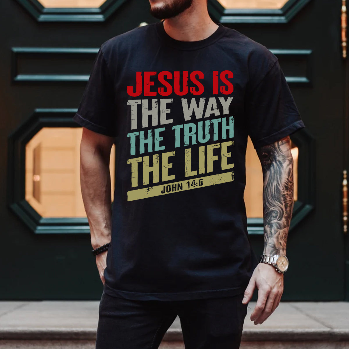 Teesdily | Jesus Is The Way The Truth The Life Typography Tshirt Bible Christian Retro Sweatshirt Hoodie Mug God Faith Believer Apparel