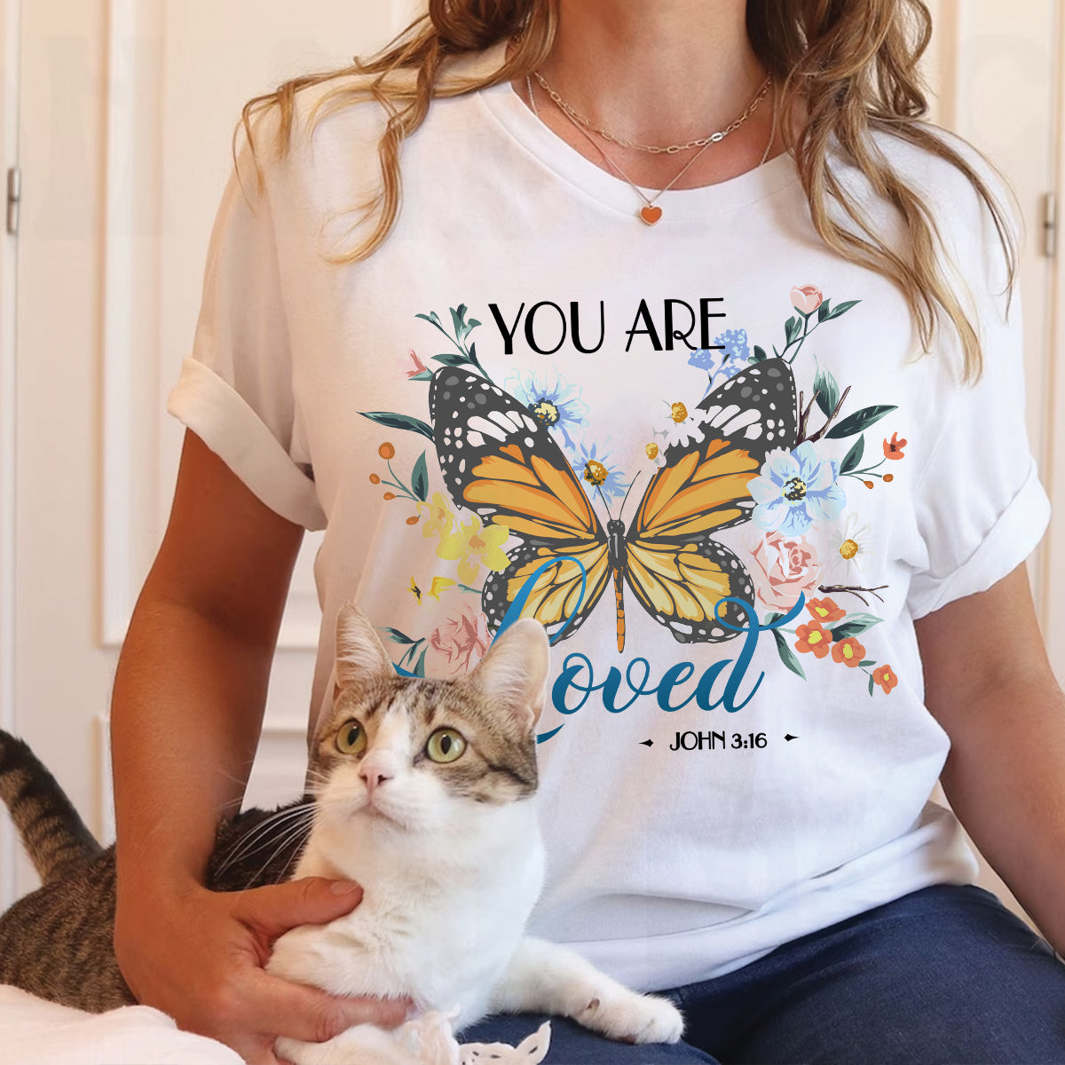 Teesdily | Christian Butterfly Flower Women Short Sleeve Tops You Are Loved Basic Sweatshirt Hoodie Mug God Bible Verse Christian Religious Gifts