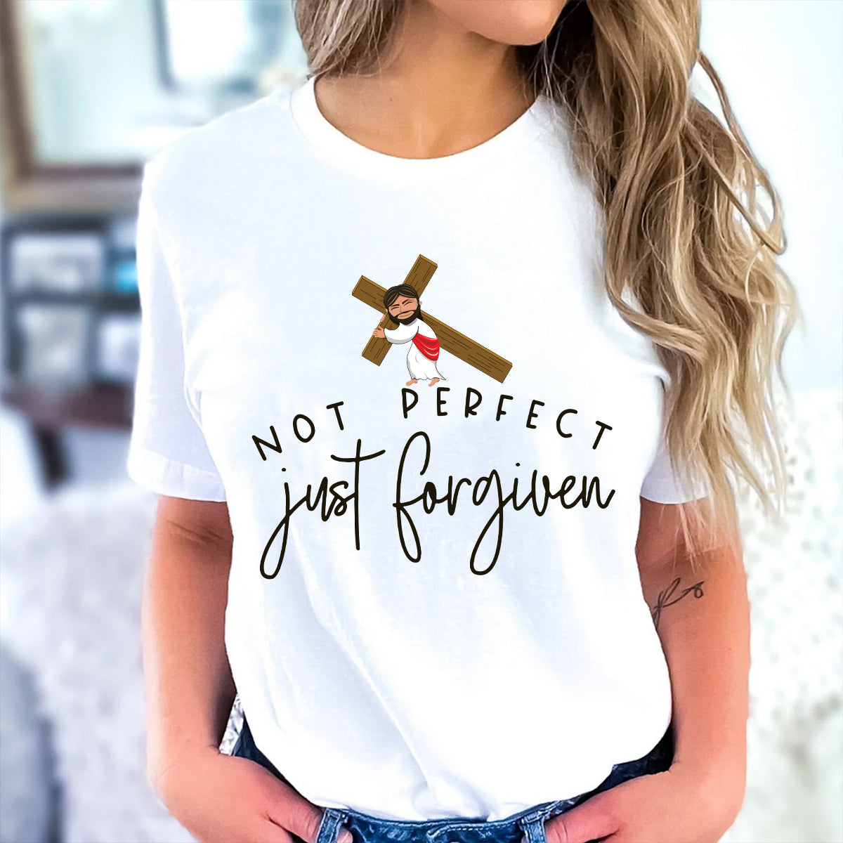 Teesdily | Jesus Hanging Cross Graphic Shirts Not Perfect Just Forgiven Shirts For Women Basic Tees God Bible Verse Cute Gift For Christian