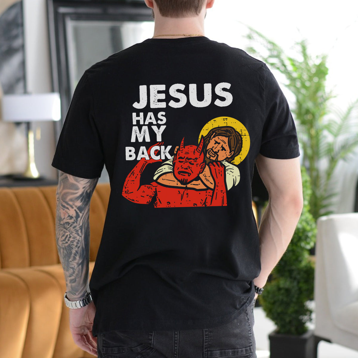 Teesdily | Jesus Red Devil Casual Shirt, Jesus Has My Back Hoodie Sweatshirt Mug, Bible Verse Pullover Religious Crewneck, Faith Based Apparel