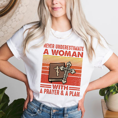 Teesdily | Jesus Christian Bible Book Retro Tshirt Never Underestimate A Woman With A Prayer And A Plan Sweatshirt Hoodie Mug Christian Gift Ideas