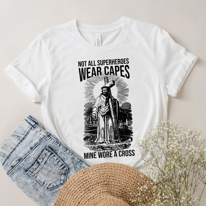 Teesdily | Jesus Carrying Cross Vintage Art Shirt My Superheroes Wore A Cross Sweatshirt Hoodie Pullover Religious Mug God Believer Christian Gifts