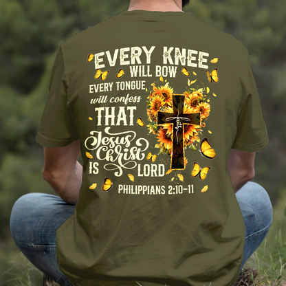 Teesdily | Every Knee Shall Bow Shirt, Every Tongue Shall Confess Sweatshirt, Bible Verse Sunflower Cross Jesus Hoodie Mug Gift