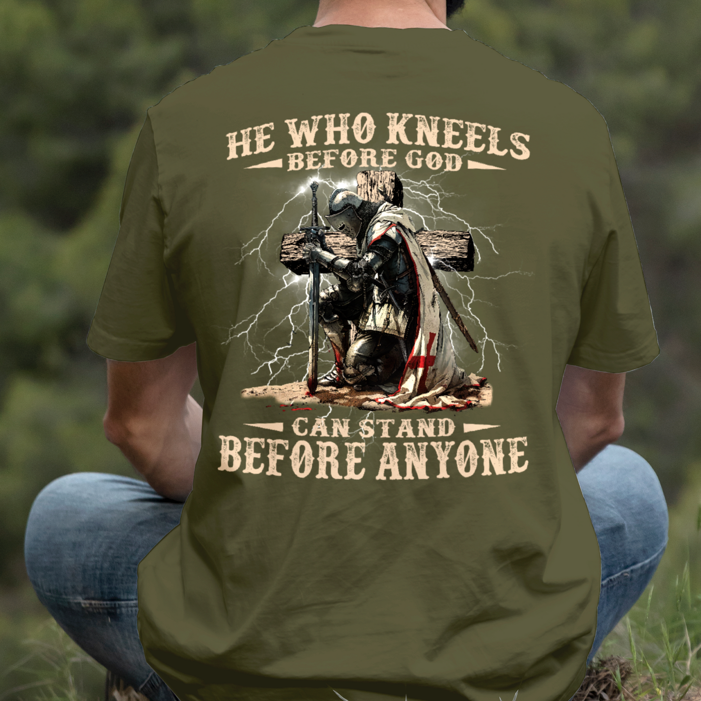 Teesdily | He Who Kneels Before God Shirt, Jesus Warrior Sweatshirt, Christian Cross Faith Hoodie Mug, Religious Gift Men