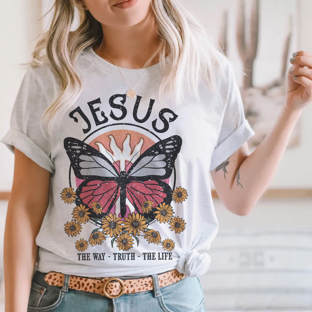 Teesdily | Jesus Christ Butterfly Sunflower Shirt Jesus The Way Truth The Life Sweatshirt Hoodie Mug God Faith Crew Neck T Shirts For Women