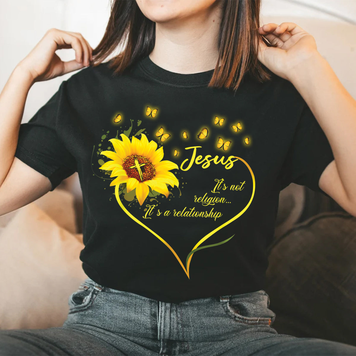 Teesdily | Jesus Sunflower Shirts Short Sleeve Jesus It's Not Religion It's A Relationship Crew Neck Christian Sweatshirt Hoodie Mug Religious Gifts