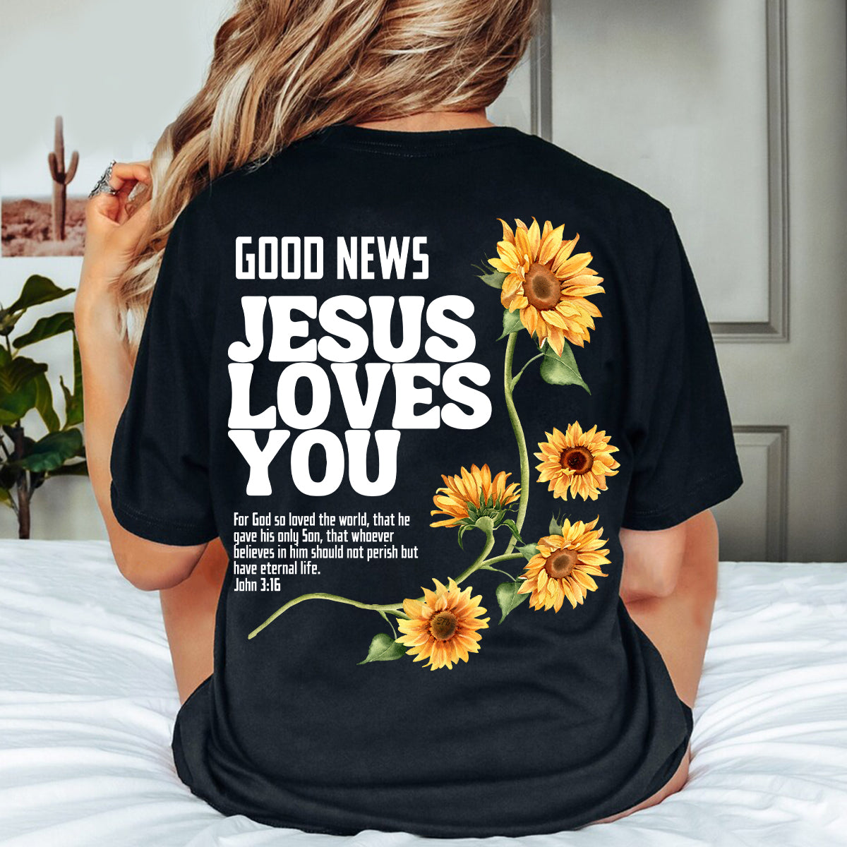 Teesdily | Jesus Sunflower Graphic Tee, Good News Jesus Loves You Sweatshirt Hoodie Mug, Jesus God Christian Crewneck, Christian Girl Women Gifts