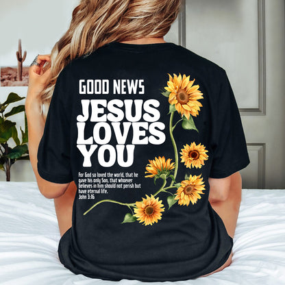 Teesdily | Jesus Sunflower Graphic Tee, Good News Jesus Loves You Sweatshirt Hoodie Mug, Jesus God Christian Crewneck, Christian Girl Women Gifts