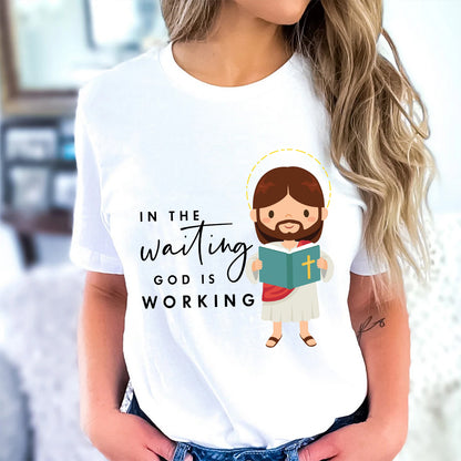 Teesdily | Jesus Chibi Graphic Shirt God Bible Reading Sweatshirt Hoodie Mug In The Waiting God Is Working Clothing Gift For Christian Faith Believers