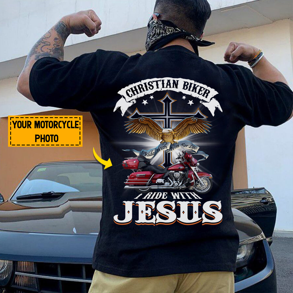 Teesdily | Personalized Motorcycle Photo Shirt, Christian Biker Shirt, I Ride With Jesus Hoodie Sweatshirt Mug, Motorcycle Gifts