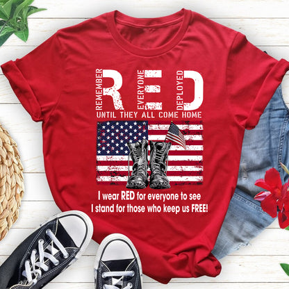 Teesdily | American Flag Military Boots Shirt, Red Until They All Come Home Red Tee Hoodie Sweatshirt Mug, Independence Day Gifts