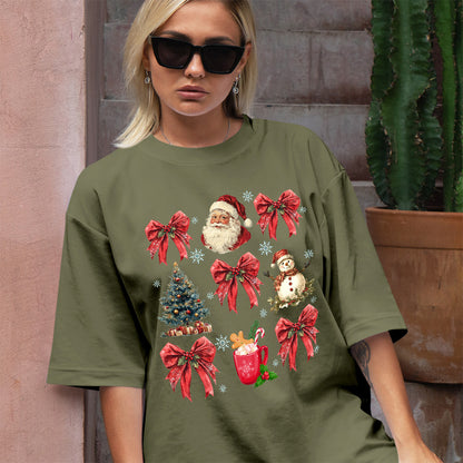 Teesdily | Christmas Coquette Bow Santa Shirt, Christmas Tree Snowman Mug Sweatshirt Hoodie, Retro Merry Bright Tee