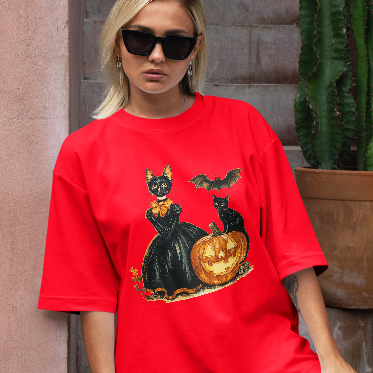 Teesdily | Childless Cat Lady Full Color Shirt, Halloween Pumpkin Witch And Cat Sweatshirt, Witchy Black Cat Hoodie Mug