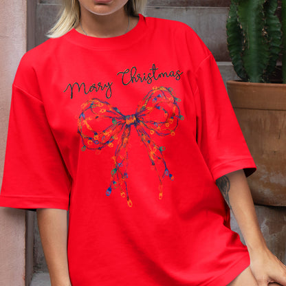 Teesdily | Merry Christmas Bow Light Shirt, Christmas Coquette Bow Sweatshirt, Merry And Bright Lights Bow Hoodie Mug For Women