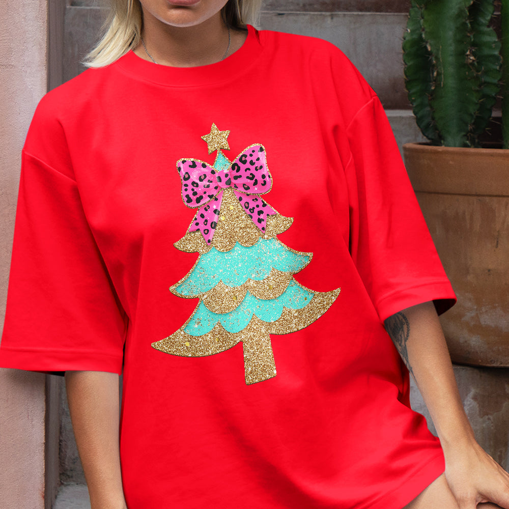 Teesdily | Christmas Tree Bow Shirt, Christmas Coquette Bow Glitter Leopard Sweatshirt, Christmas Hoodie Mug For Women