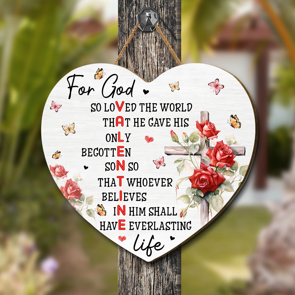 Teesdily | Jesus Christ Valentine Day Wood Sign For God So Loved The World Wood Door Sign Butterfly Valentine Day Home Decoration Christian Gifts