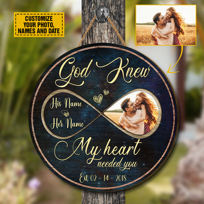 Teesdily | Couple Custom Photo Wood Sign God Know My Heart Needed You Wood Sign Galaxy Print Newly Couple Home Door Decoration Custom Gifts