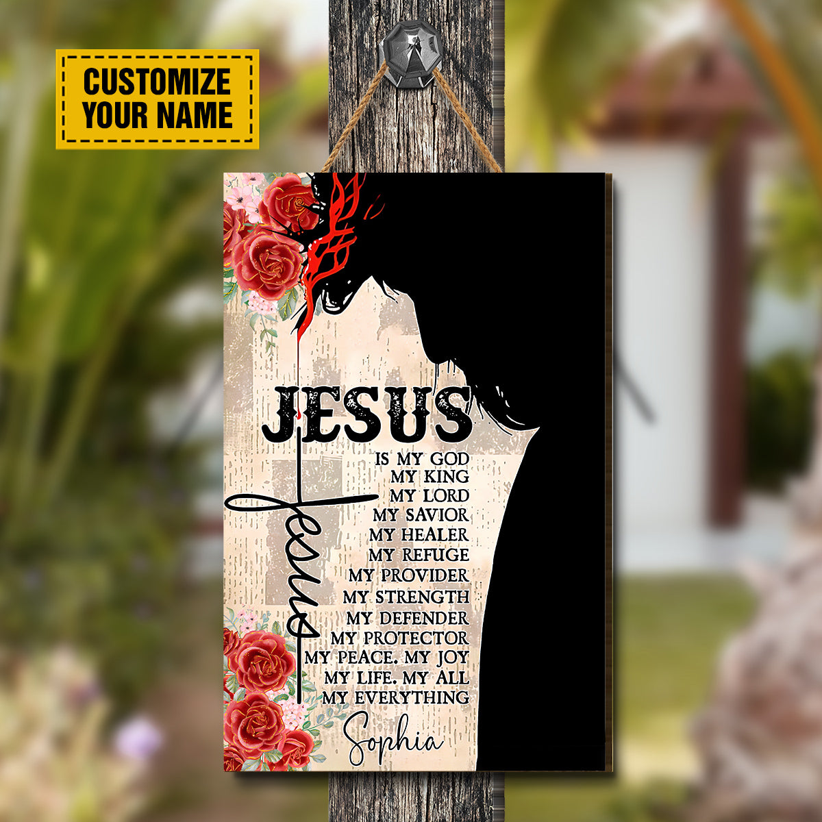 Teesdily | Jesus Portrait Customized Wood Sign Jesus Is My King Retro House Door Sign Religious Custom Gifts Christian Home Decor