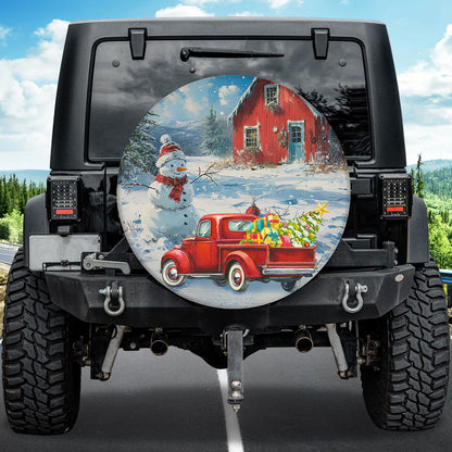 Teesdily | Vintage Red Truck Car Spare Tire Cover, Farmhouse Snowman Tire Protector, Christmas Tree Lights Wheel Cover, Car Accessories, Xmas Gift