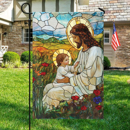 Teesdily | Jesus Blessing The Children Garden Flag, God With Children Flower Stained Glass Printed Flag Yard, Christmas House Flag