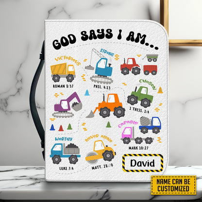 Teesdily | Truck Car Customized Leather Bible Cover, God Says I Am Bible Cover For Boys, God Bible Verse Bible Holder, Christian Gifts For Kids