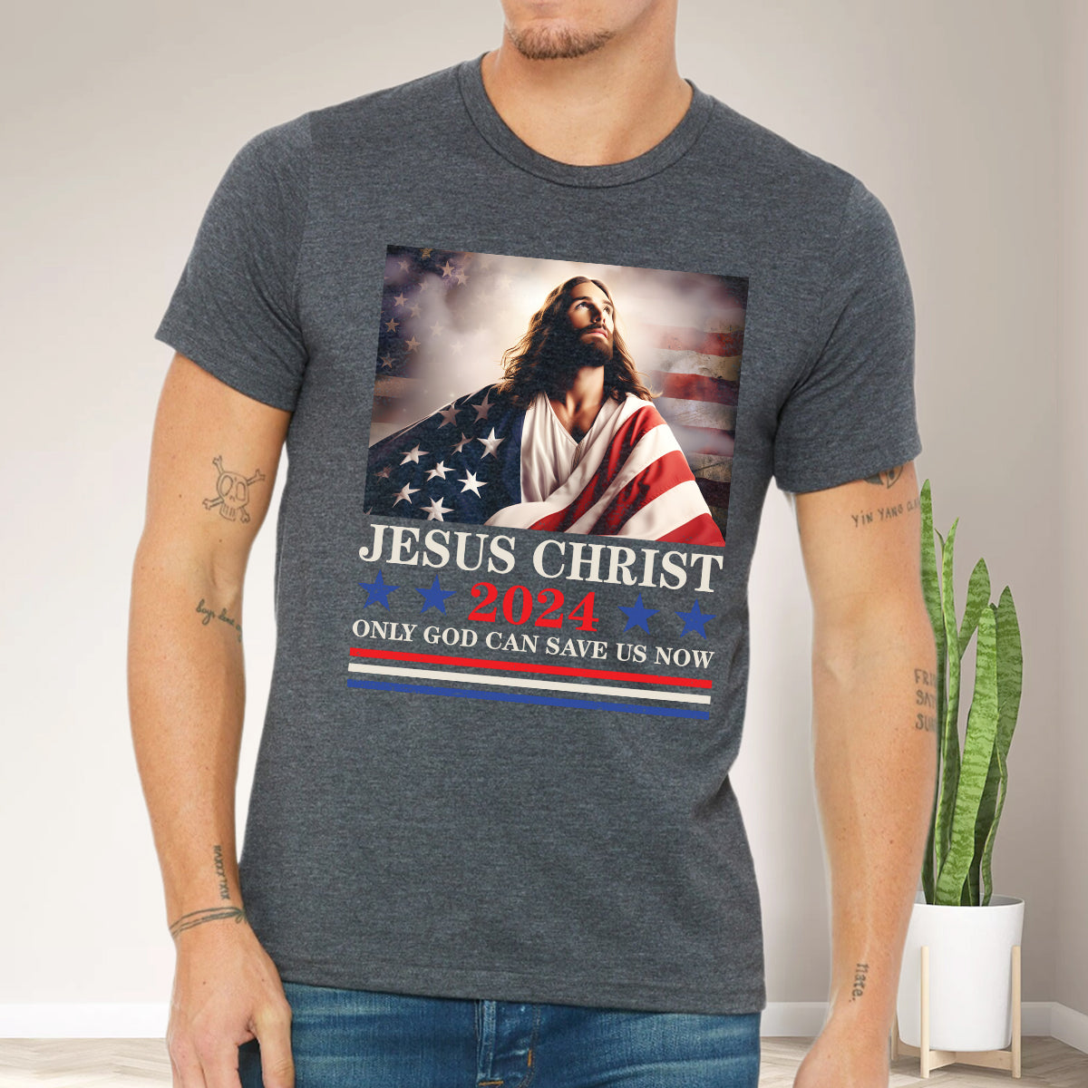 Teesdily | Jesus American Flag Shirt, Jesus Christ 2024 Only God Can Save Us Now Tee Sweatshirt Hoodie Mug, Independence Day Gifts, Jesus Lovers Gifts